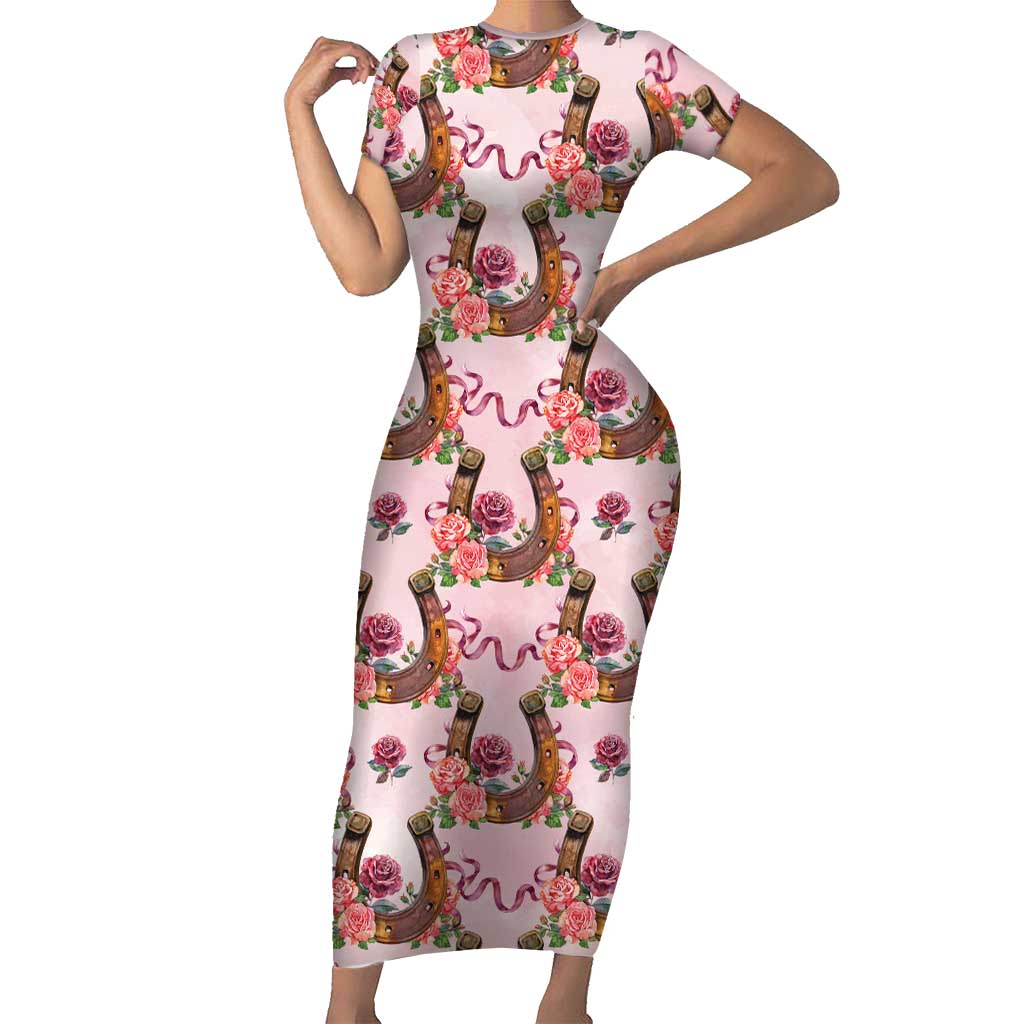 Kentucky Lucky Horseshoe Floral Short Sleeve Bodycon Dress Vintage Western Pattern