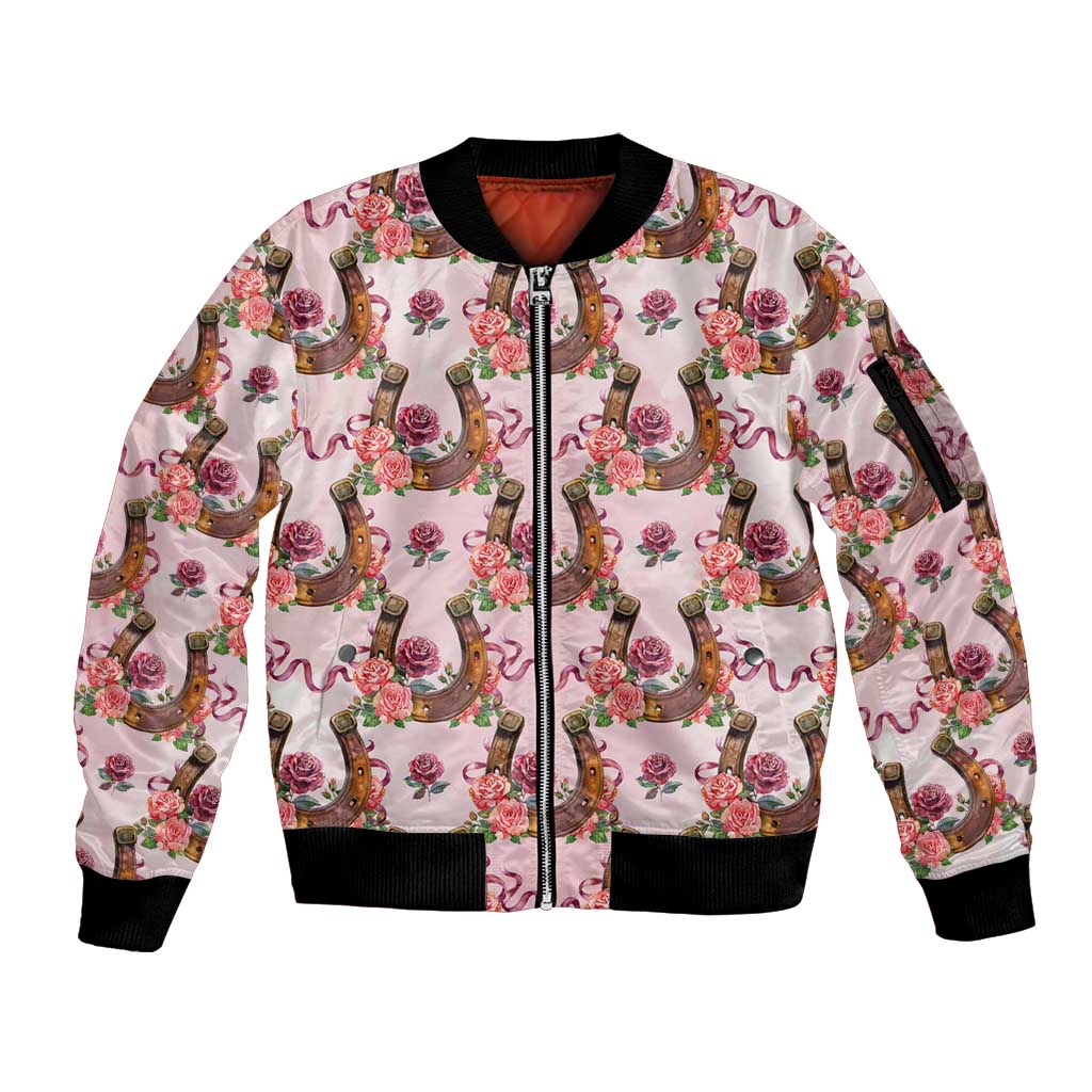 Kentucky Lucky Horseshoe Floral Sleeve Zip Bomber Jacket Vintage Western Pattern