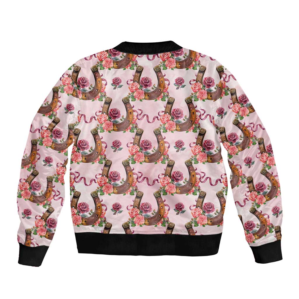 Kentucky Lucky Horseshoe Floral Sleeve Zip Bomber Jacket Vintage Western Pattern