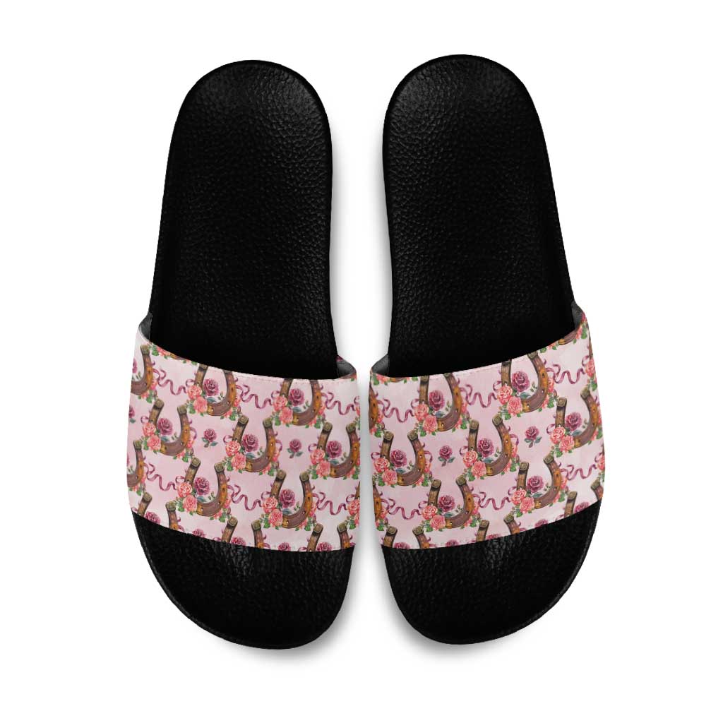 Kentucky Lucky Horseshoe Floral Slide Sandals Vintage Western Pattern