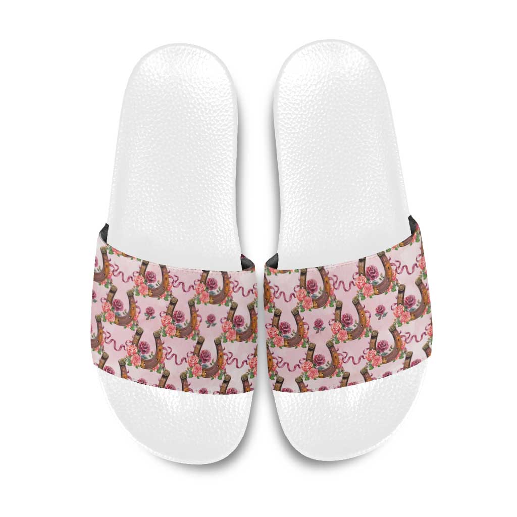 Kentucky Lucky Horseshoe Floral Slide Sandals Vintage Western Pattern