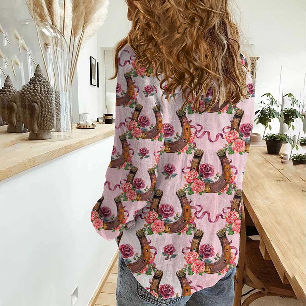 Kentucky Lucky Horseshoe Floral Women Casual Shirt Vintage Western Pattern