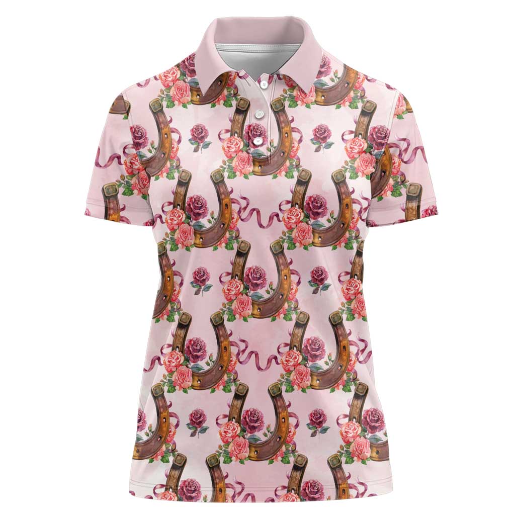 Kentucky Lucky Horseshoe Floral Women Polo Shirt Vintage Western Pattern