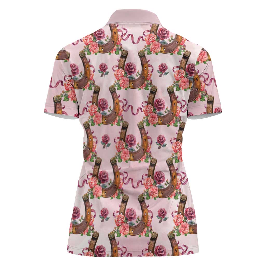 Kentucky Lucky Horseshoe Floral Women Polo Shirt Vintage Western Pattern