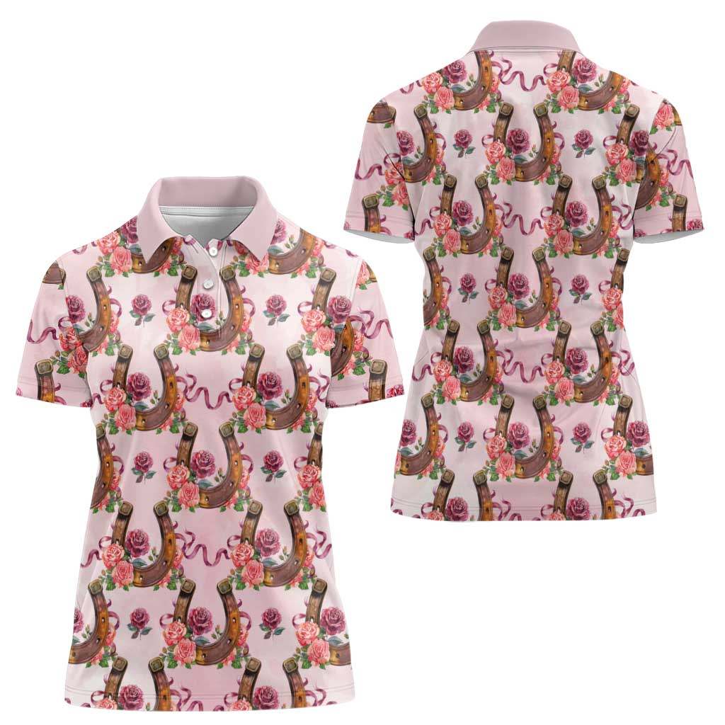Kentucky Lucky Horseshoe Floral Women Polo Shirt Vintage Western Pattern