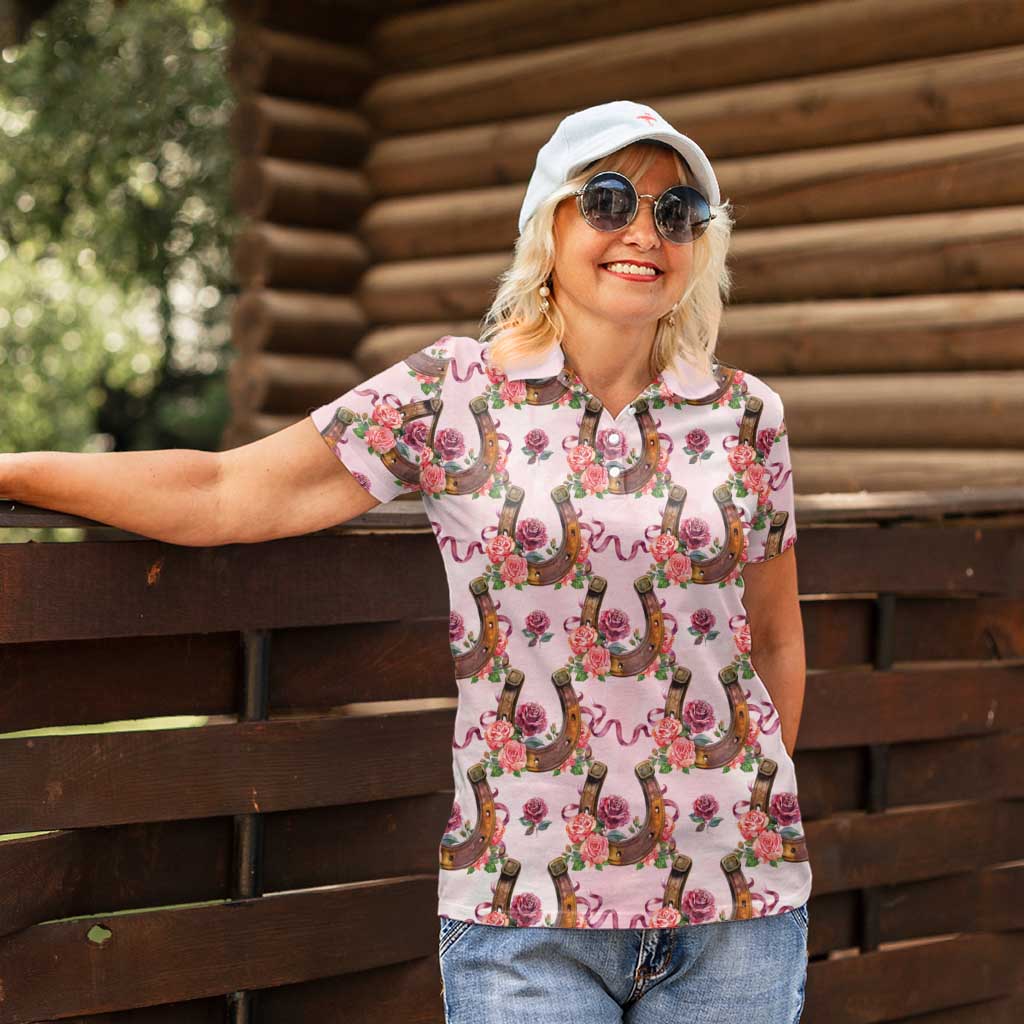 Kentucky Lucky Horseshoe Floral Women Polo Shirt Vintage Western Pattern