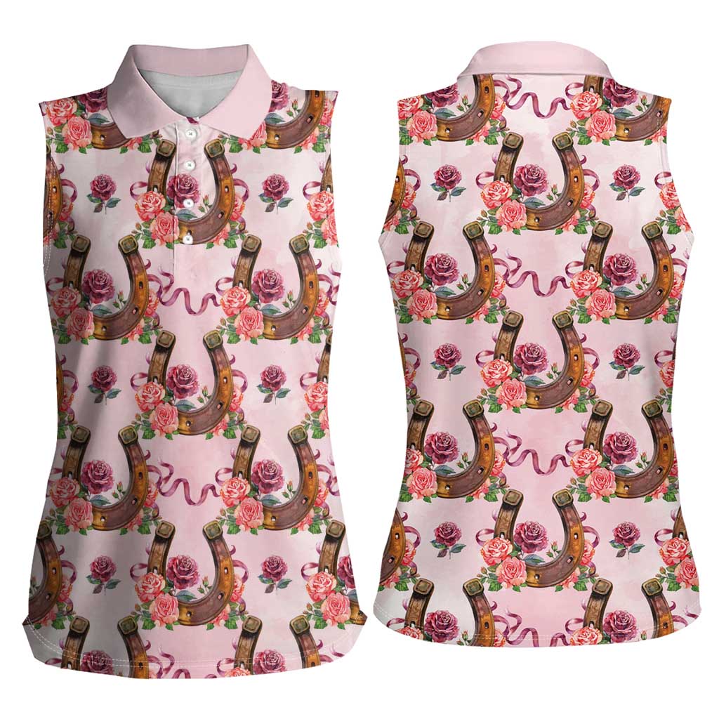 Kentucky Lucky Horseshoe Floral Women Sleeveless Polo Shirt Vintage Western Pattern