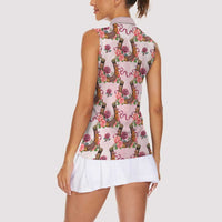 Kentucky Lucky Horseshoe Floral Women Sleeveless Polo Shirt Vintage Western Pattern