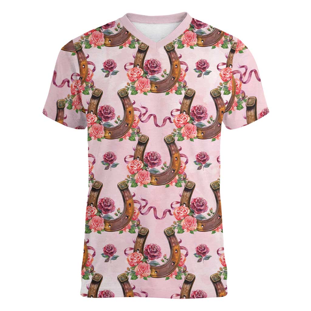 Kentucky Lucky Horseshoe Floral Women V-Neck T-Shirt Vintage Western Pattern
