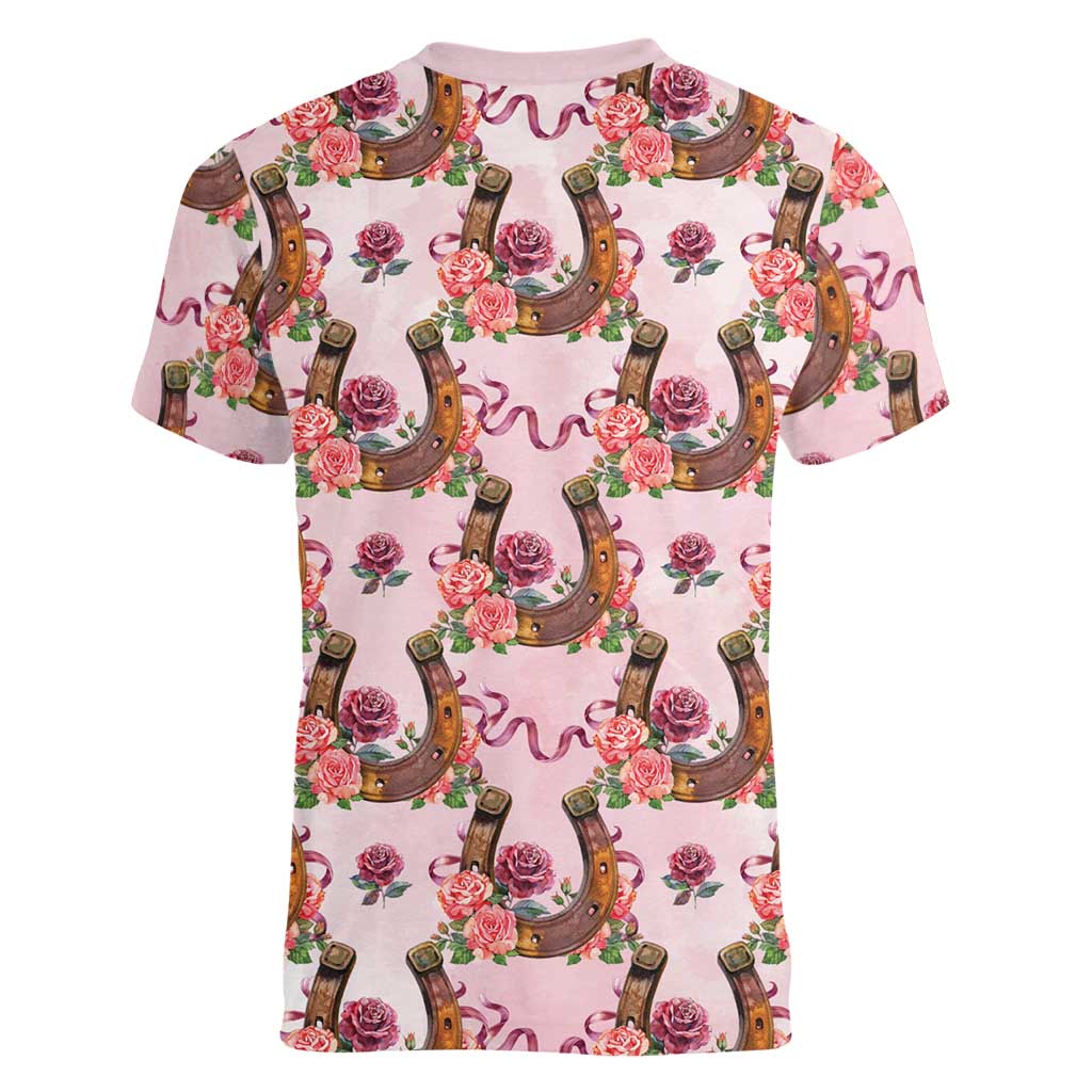 Kentucky Lucky Horseshoe Floral Women V-Neck T-Shirt Vintage Western Pattern