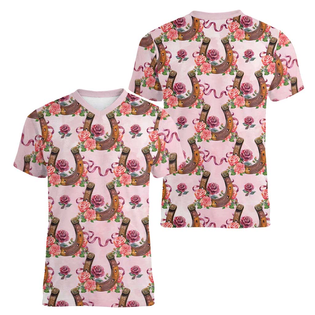 Kentucky Lucky Horseshoe Floral Women V-Neck T-Shirt Vintage Western Pattern