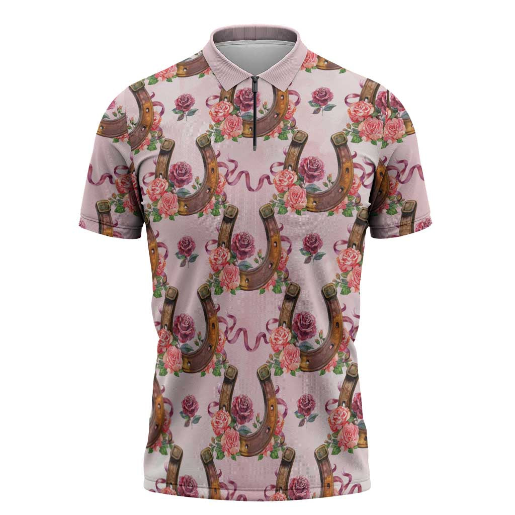 Kentucky Lucky Horseshoe Floral Zipper Polo Shirt Vintage Western Pattern