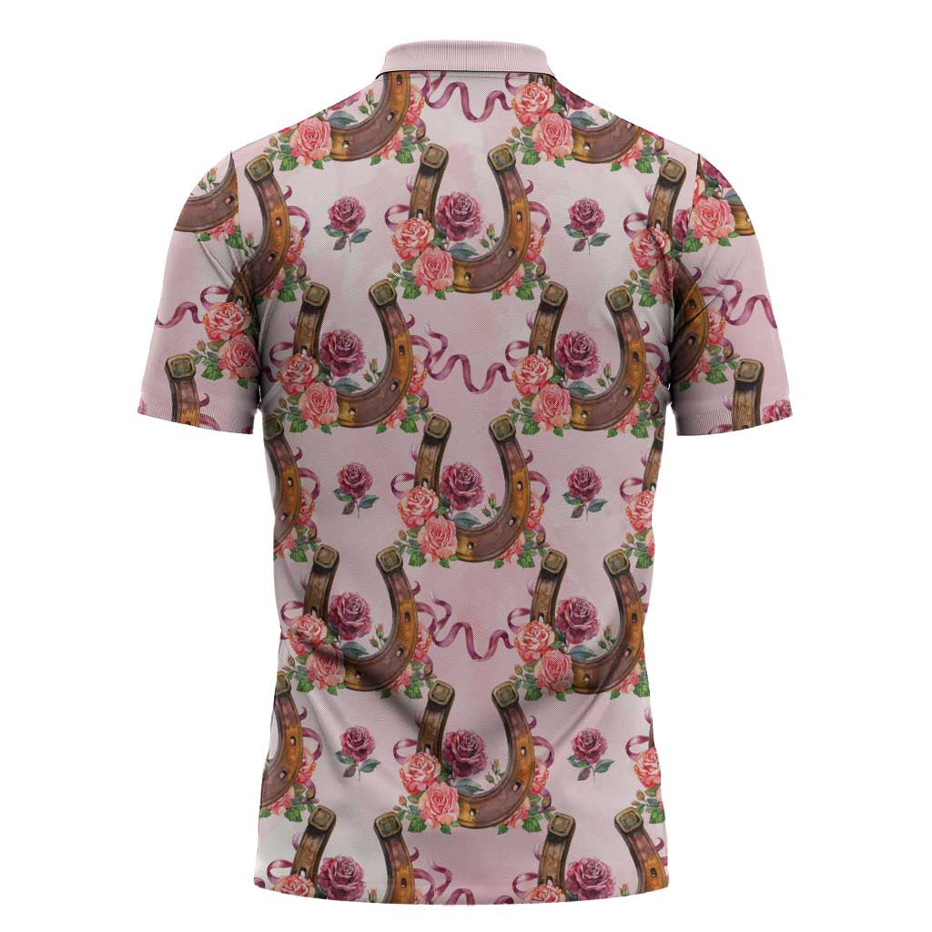 Kentucky Lucky Horseshoe Floral Zipper Polo Shirt Vintage Western Pattern