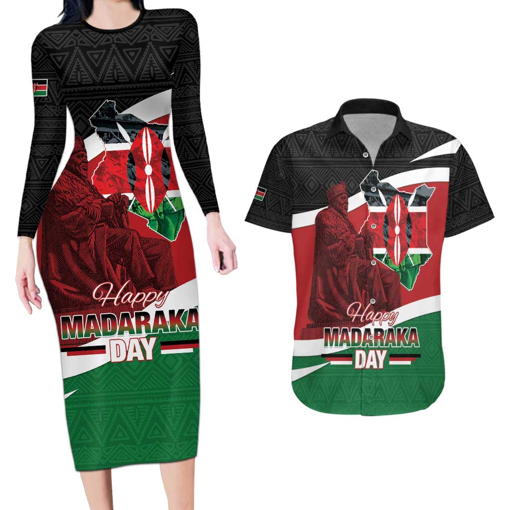 Happy Madaraka Day 2025 Couples Matching Long Sleeve Bodycon Dress and Hawaiian Shirt Kenya Harambee