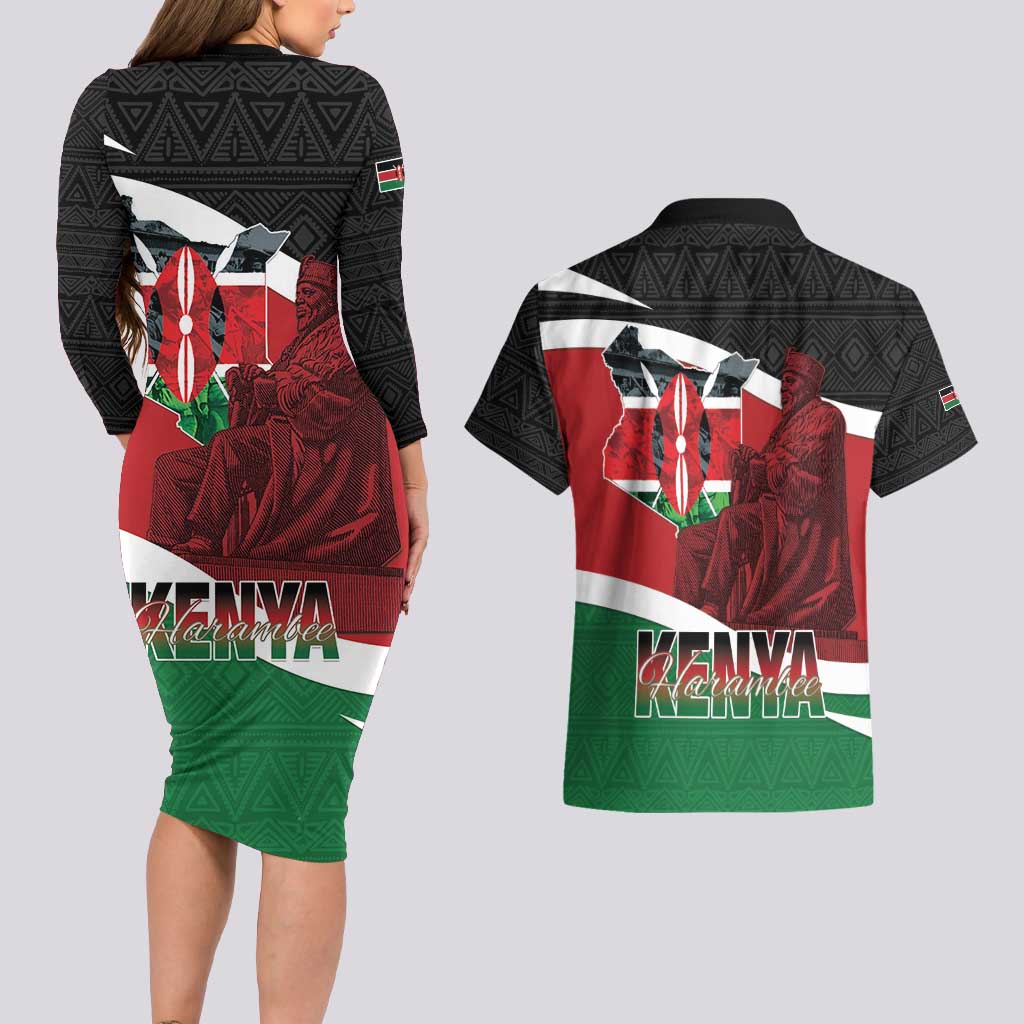 Happy Madaraka Day 2025 Couples Matching Long Sleeve Bodycon Dress and Hawaiian Shirt Kenya Harambee