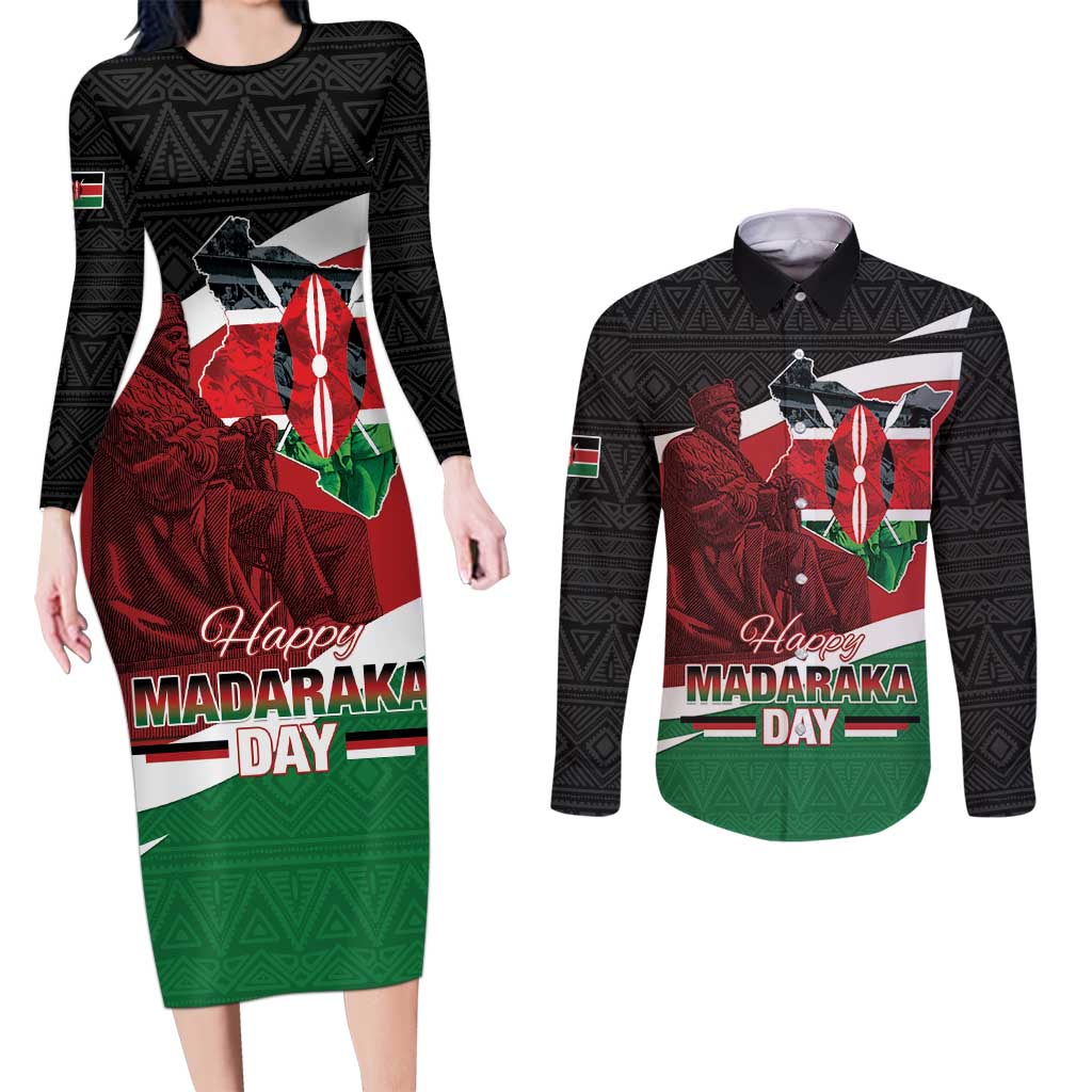 Happy Madaraka Day 2025 Couples Matching Long Sleeve Bodycon Dress and Long Sleeve Button Shirt Kenya Harambee
