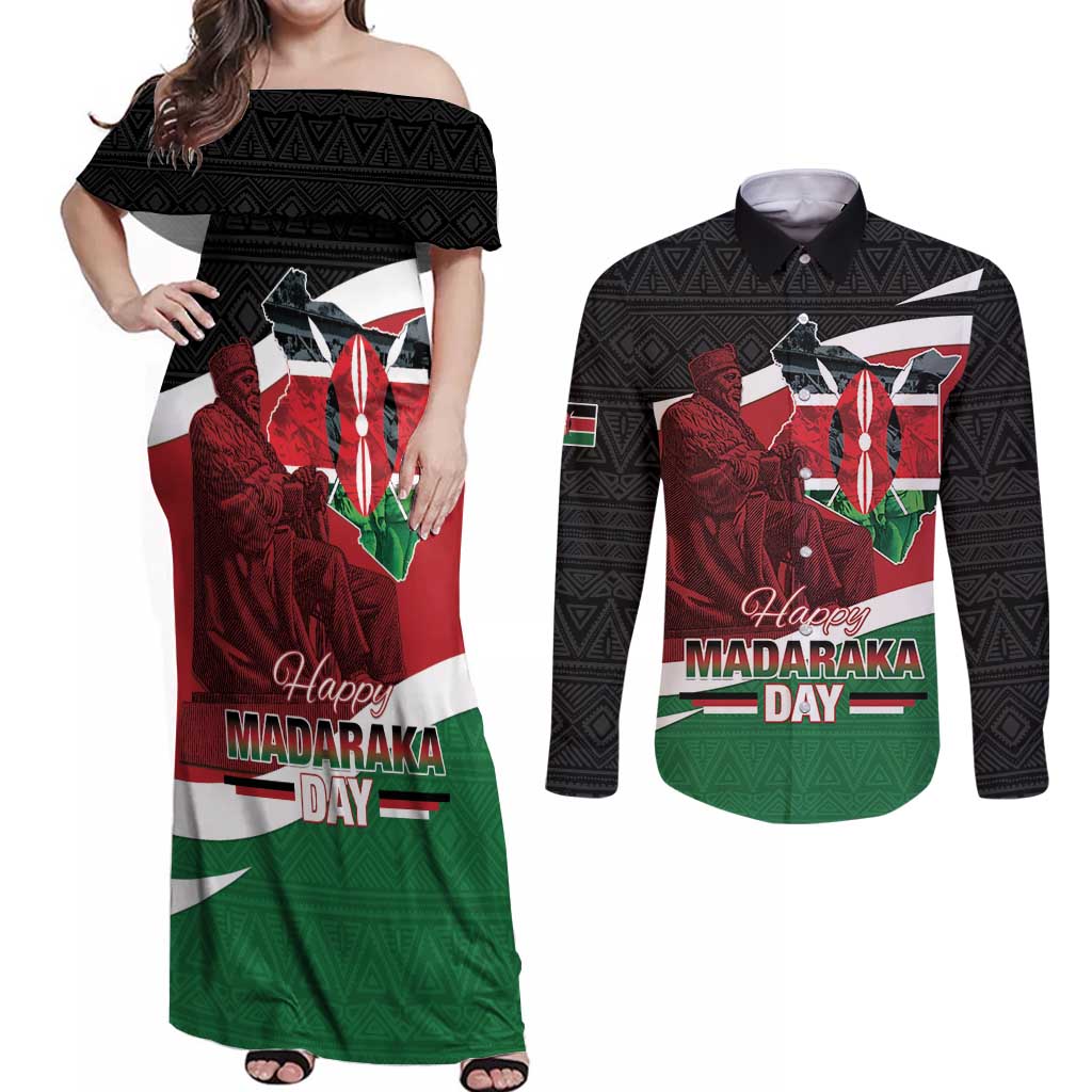Happy Madaraka Day 2025 Couples Matching Off Shoulder Maxi Dress and Long Sleeve Button Shirt Kenya Harambee