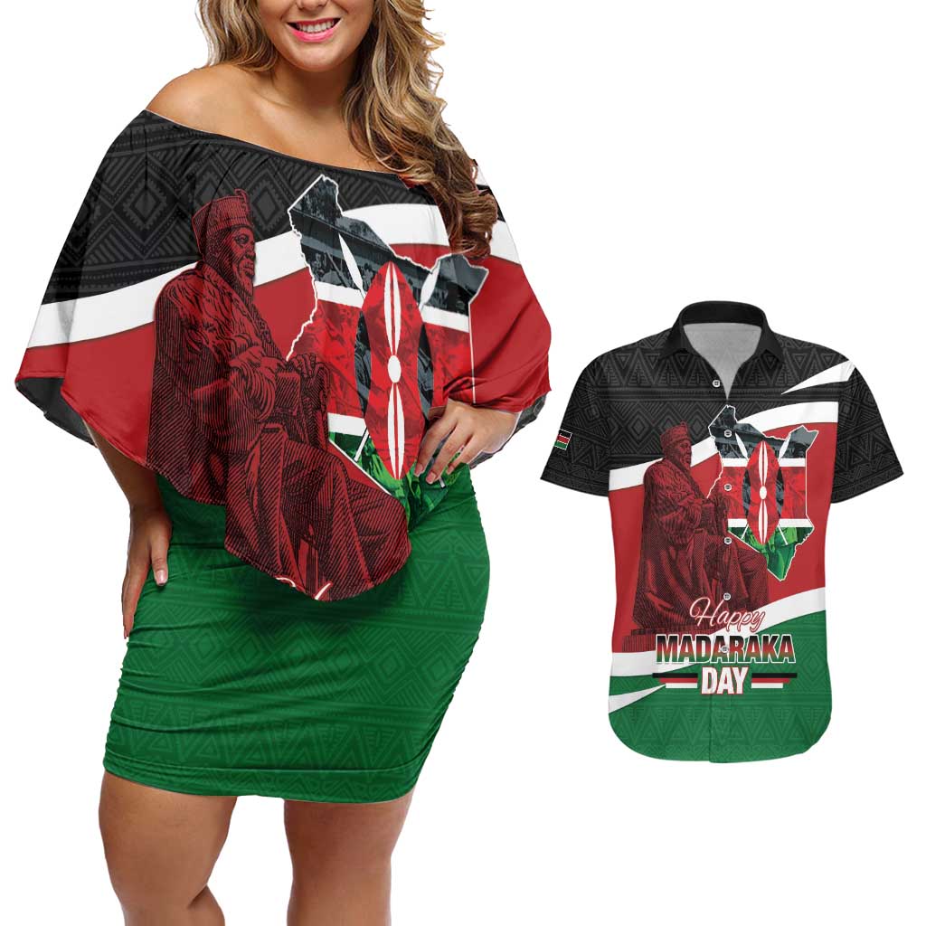 Happy Madaraka Day 2025 Couples Matching Off Shoulder Short Dress and Hawaiian Shirt Kenya Harambee