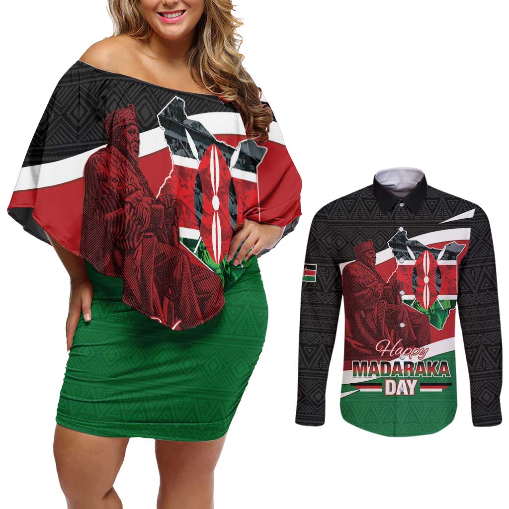 Happy Madaraka Day 2025 Couples Matching Off Shoulder Short Dress and Long Sleeve Button Shirt Kenya Harambee