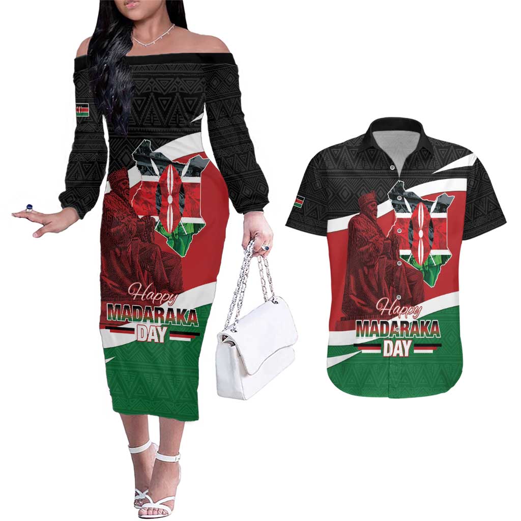 Happy Madaraka Day 2025 Couples Matching Off The Shoulder Long Sleeve Dress and Hawaiian Shirt Kenya Harambee