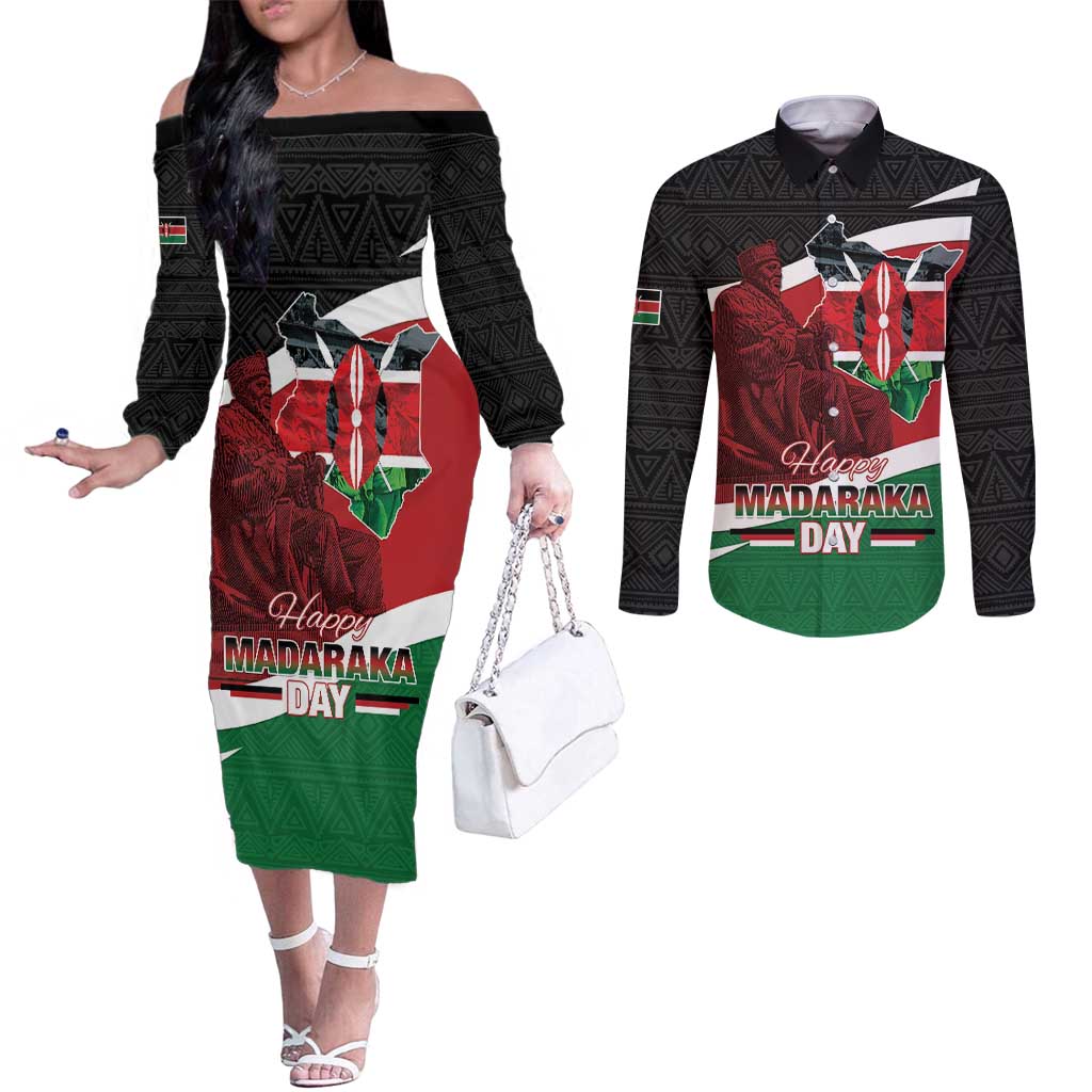 Happy Madaraka Day 2025 Couples Matching Off The Shoulder Long Sleeve Dress and Long Sleeve Button Shirt Kenya Harambee