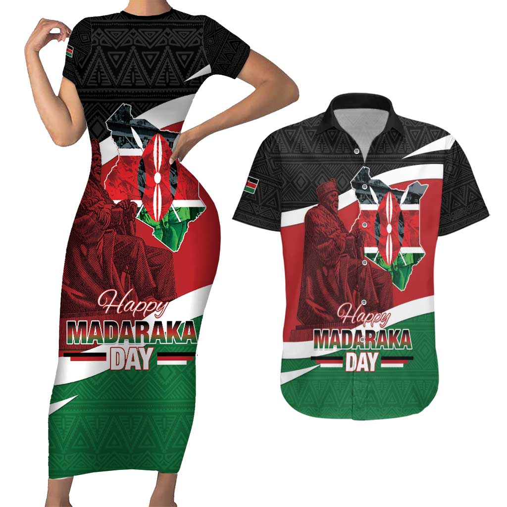 Happy Madaraka Day 2025 Couples Matching Short Sleeve Bodycon Dress and Hawaiian Shirt Kenya Harambee