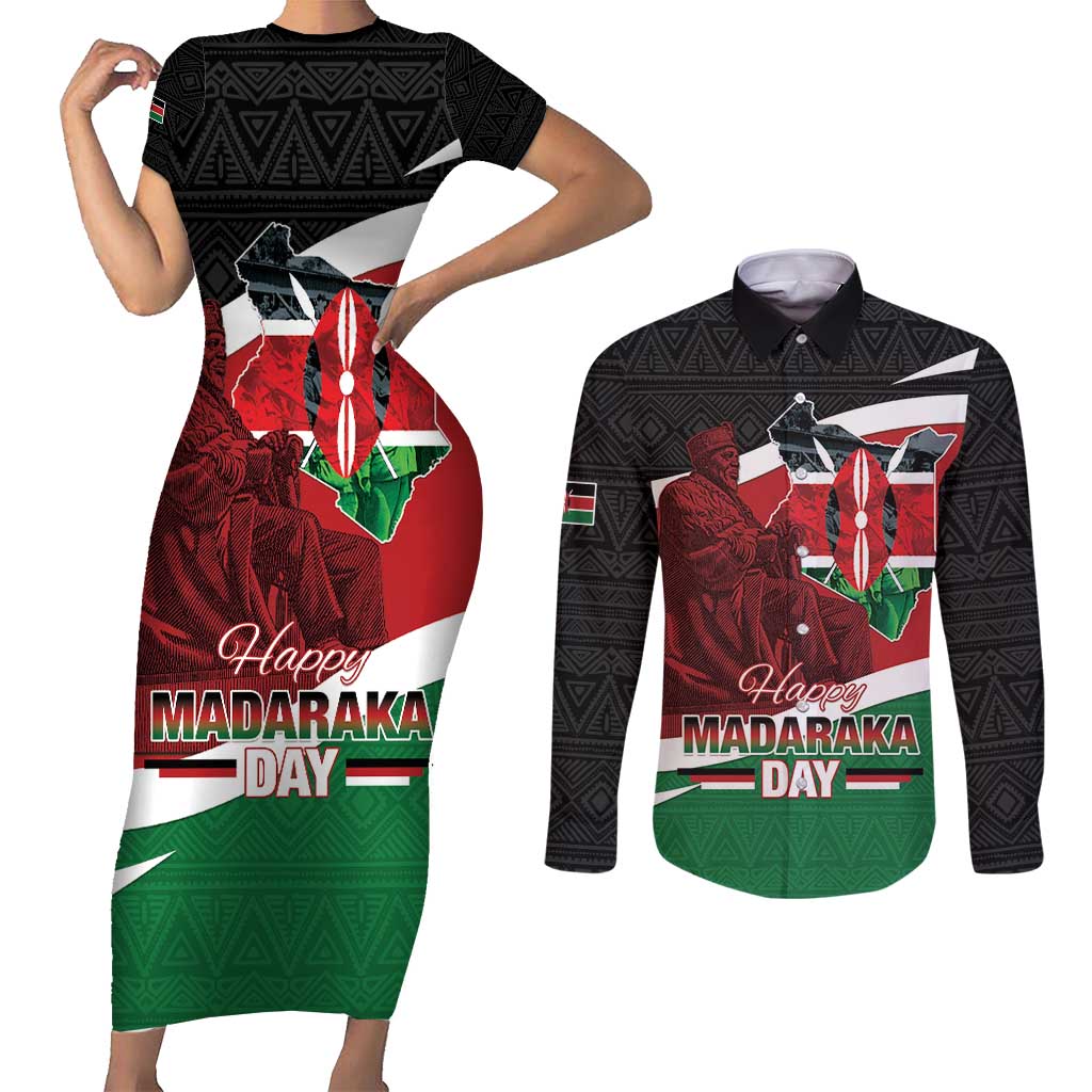 Happy Madaraka Day 2025 Couples Matching Short Sleeve Bodycon Dress and Long Sleeve Button Shirt Kenya Harambee