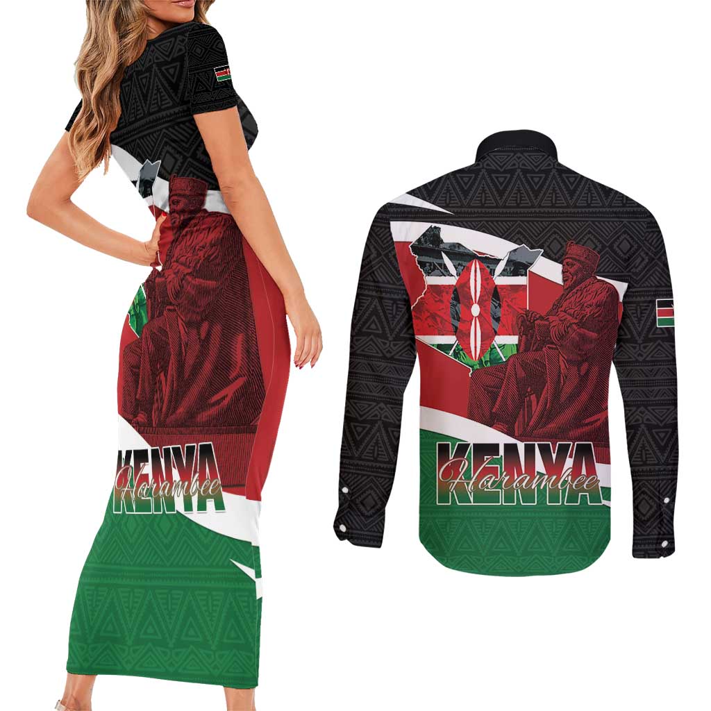 Happy Madaraka Day 2025 Couples Matching Short Sleeve Bodycon Dress and Long Sleeve Button Shirt Kenya Harambee