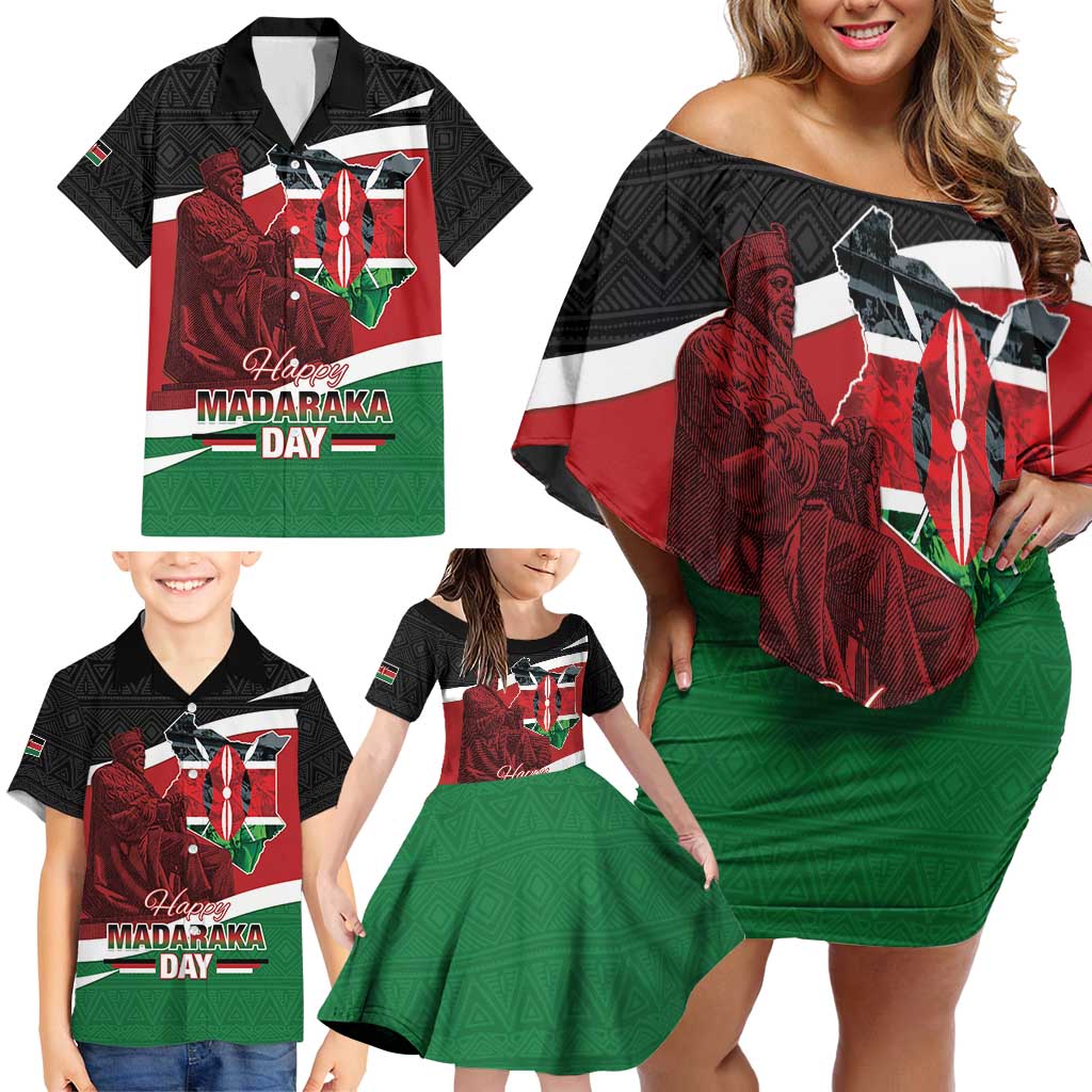Happy Madaraka Day 2025 Family Matching Off Shoulder Short Dress and Hawaiian Shirt Kenya Harambee
