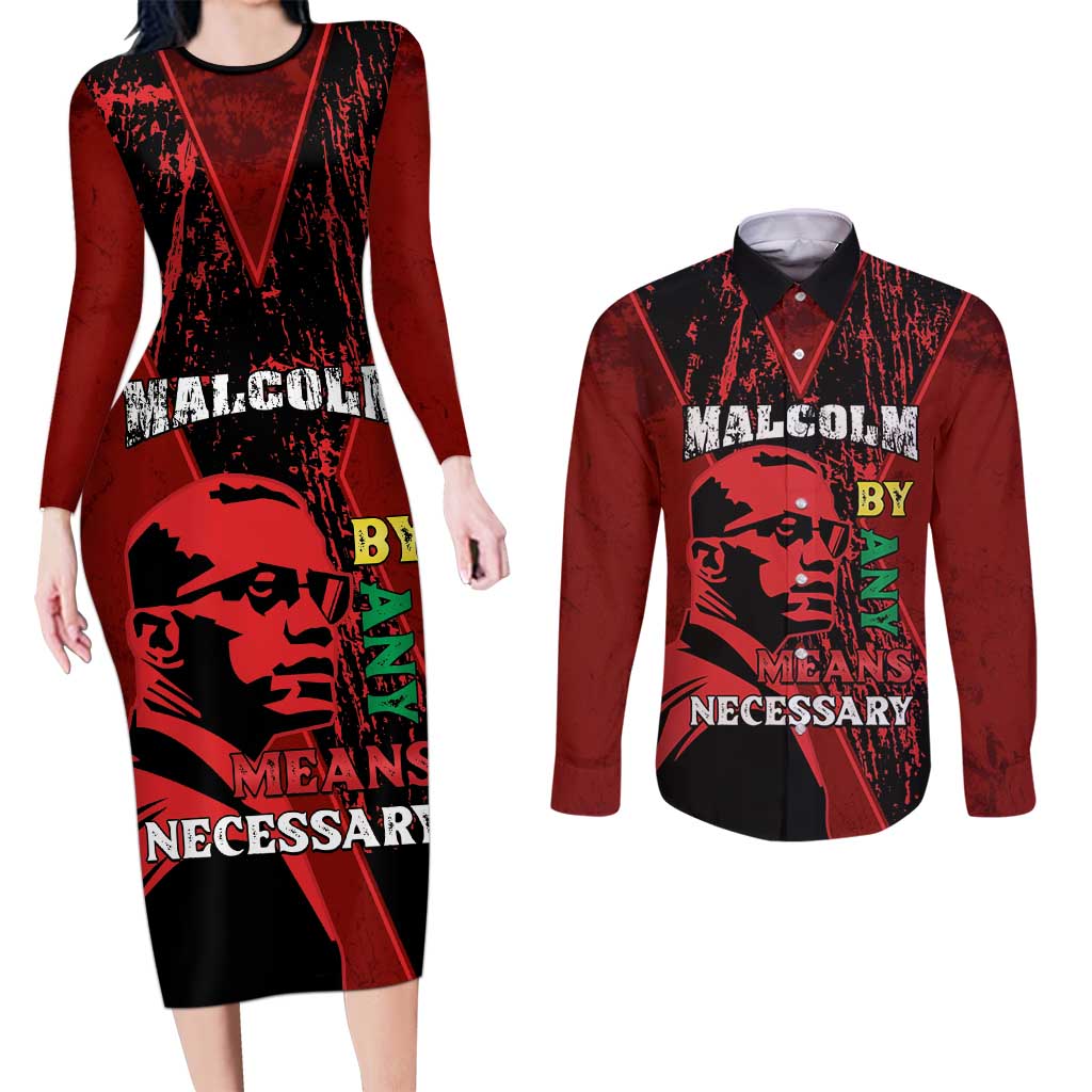Happy Malcolm X Day Couples Matching Long Sleeve Bodycon Dress and Long Sleeve Button Shirt By Any Means Necessary
