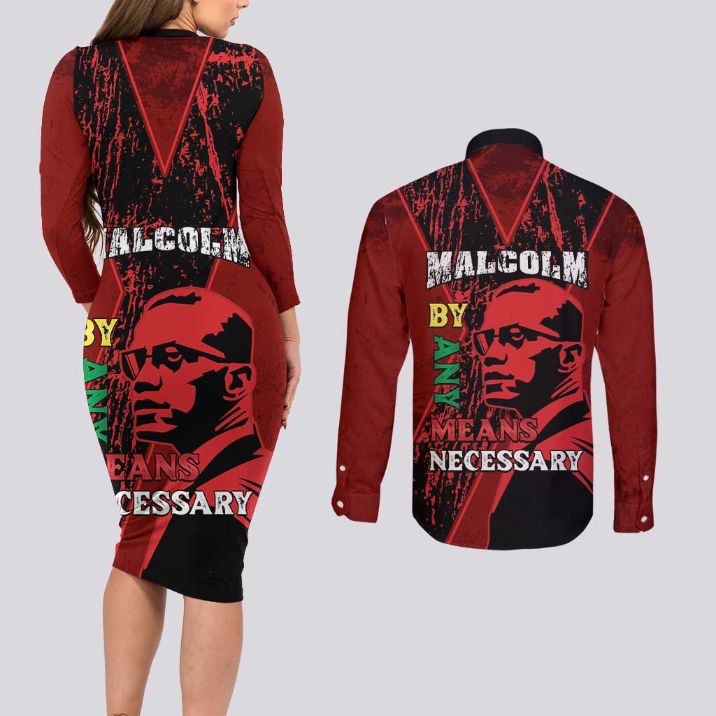 Happy Malcolm X Day Couples Matching Long Sleeve Bodycon Dress and Long Sleeve Button Shirt By Any Means Necessary