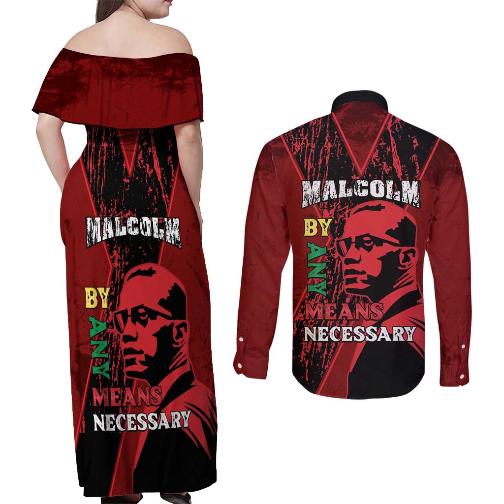 Happy Malcolm X Day Couples Matching Off Shoulder Maxi Dress and Long Sleeve Button Shirt By Any Means Necessary