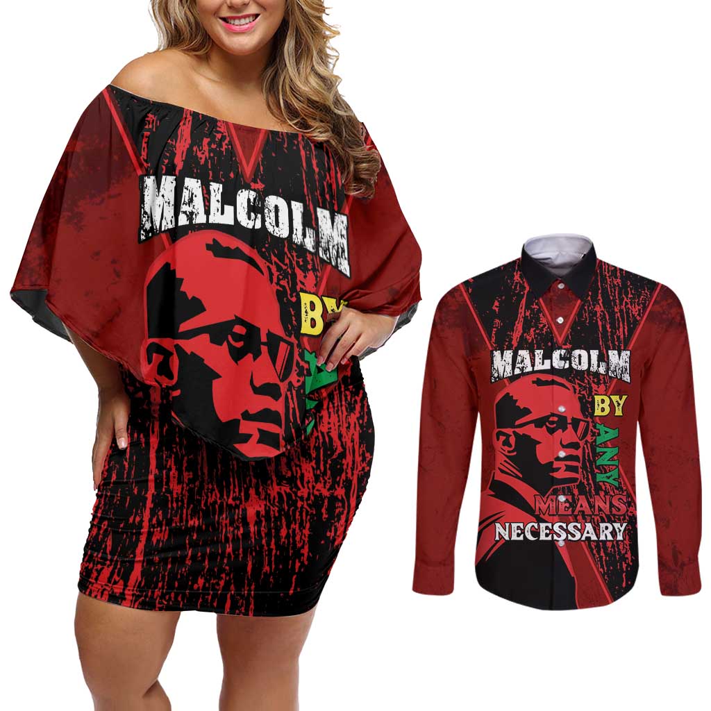 Happy Malcolm X Day Couples Matching Off Shoulder Short Dress and Long Sleeve Button Shirt By Any Means Necessary