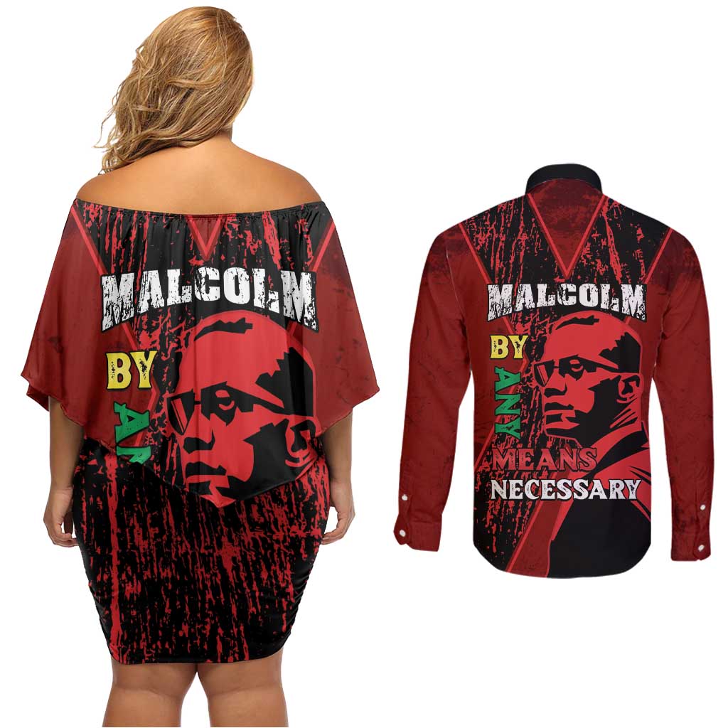 Happy Malcolm X Day Couples Matching Off Shoulder Short Dress and Long Sleeve Button Shirt By Any Means Necessary