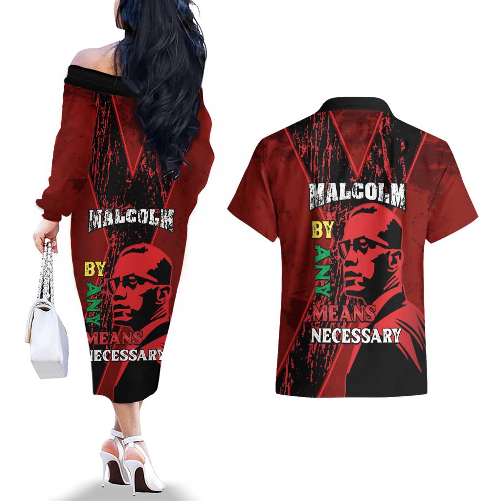 Happy Malcolm X Day Couples Matching Off The Shoulder Long Sleeve Dress and Hawaiian Shirt By Any Means Necessary