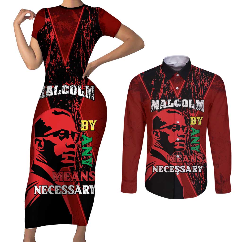 Happy Malcolm X Day Couples Matching Short Sleeve Bodycon Dress and Long Sleeve Button Shirt By Any Means Necessary