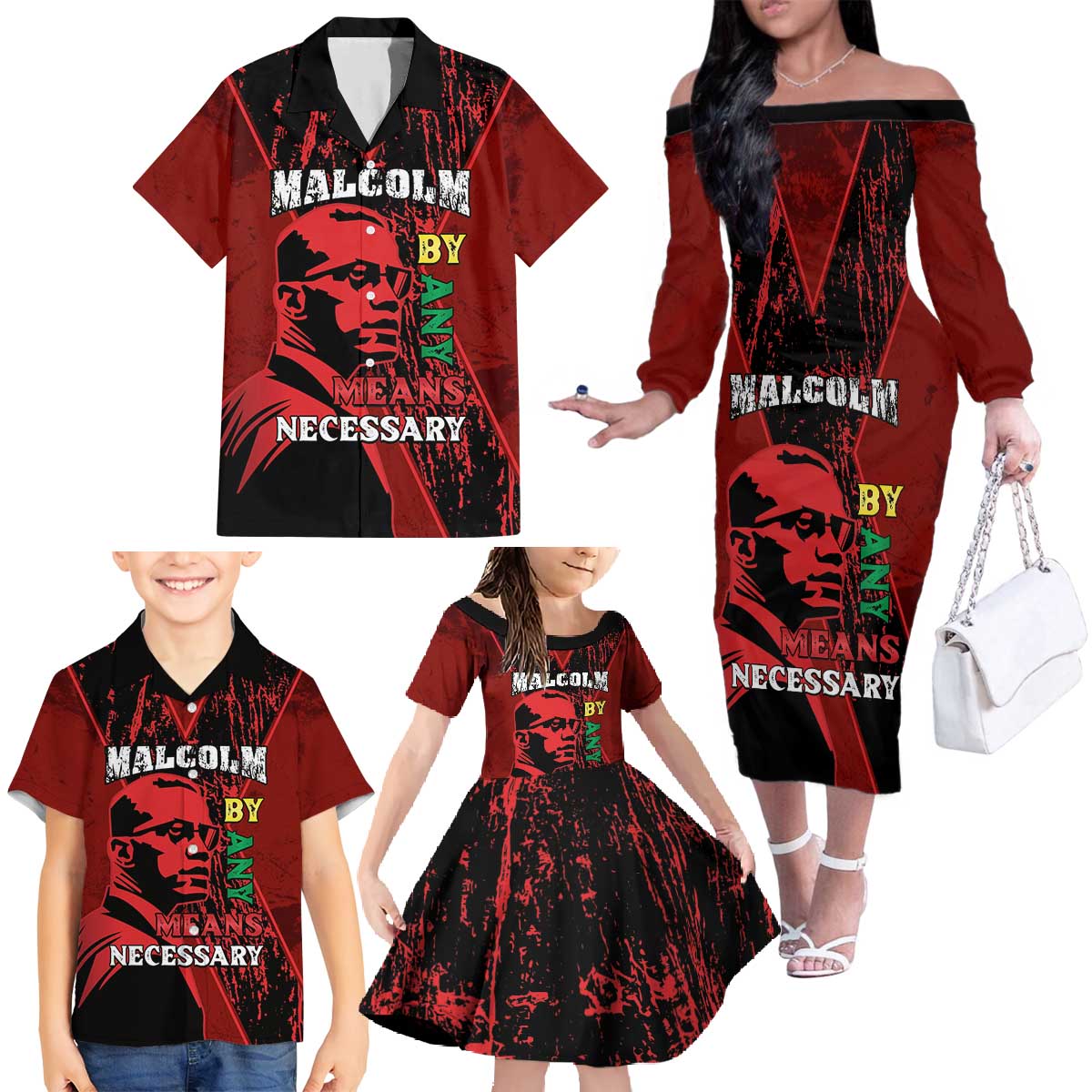Happy Malcolm X Day Family Matching Off The Shoulder Long Sleeve Dress and Hawaiian Shirt By Any Means Necessary