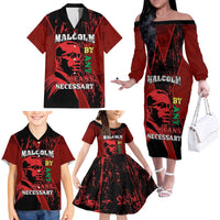 Happy Malcolm X Day Family Matching Off The Shoulder Long Sleeve Dress and Hawaiian Shirt By Any Means Necessary