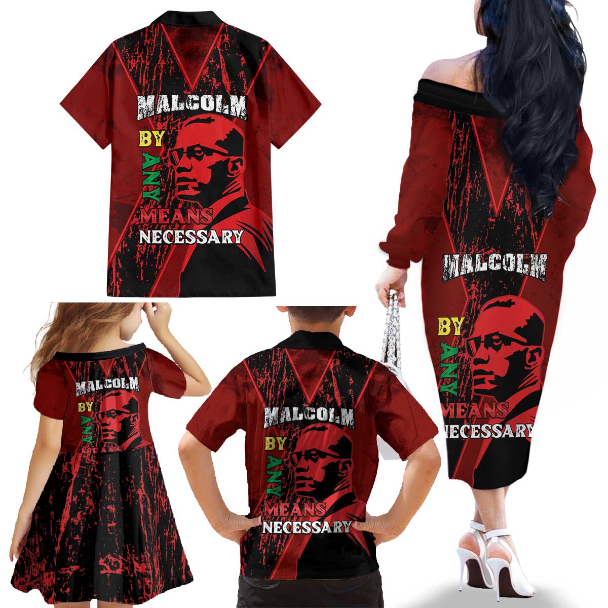 Happy Malcolm X Day Family Matching Off The Shoulder Long Sleeve Dress and Hawaiian Shirt By Any Means Necessary