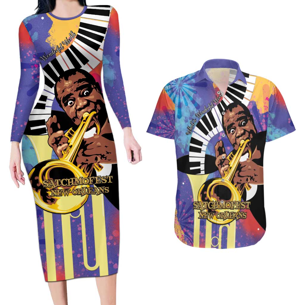 Satchmofest Couples Matching Long Sleeve Bodycon Dress and Hawaiian Shirt King Of Jazz What a Wonderful World - Wonder Print Shop