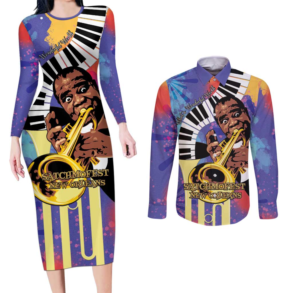 Satchmofest Couples Matching Long Sleeve Bodycon Dress and Long Sleeve Button Shirt King Of Jazz What a Wonderful World - Wonder Print Shop