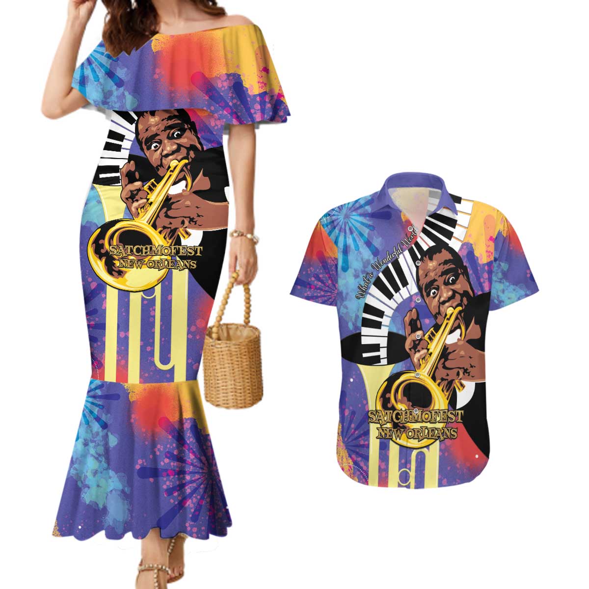 Satchmofest Couples Matching Mermaid Dress and Hawaiian Shirt King Of Jazz What a Wonderful World - Wonder Print Shop