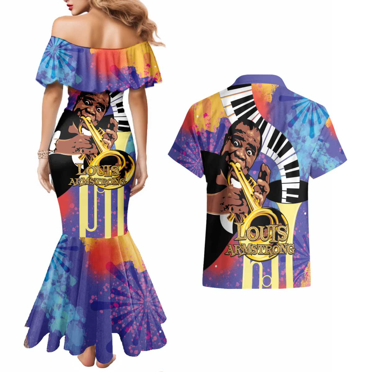 Satchmofest Couples Matching Mermaid Dress and Hawaiian Shirt King Of Jazz What a Wonderful World - Wonder Print Shop