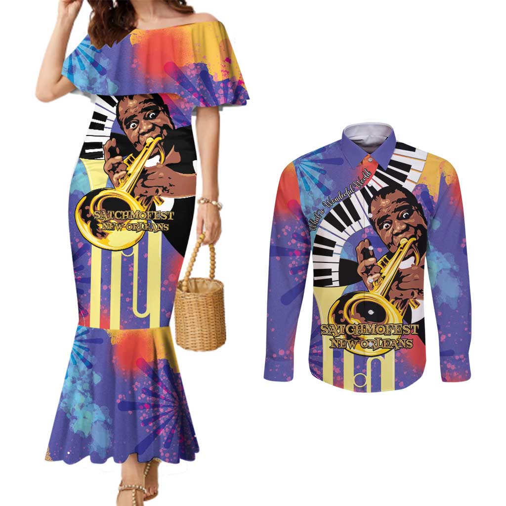 Satchmofest Couples Matching Mermaid Dress and Long Sleeve Button Shirt King Of Jazz What a Wonderful World - Wonder Print Shop