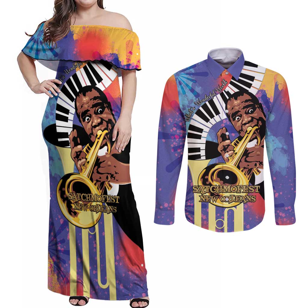 Satchmofest Couples Matching Off Shoulder Maxi Dress and Long Sleeve Button Shirt King Of Jazz What a Wonderful World - Wonder Print Shop