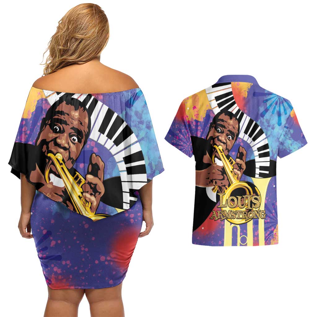 Satchmofest Couples Matching Off Shoulder Short Dress and Hawaiian Shirt King Of Jazz What a Wonderful World - Wonder Print Shop