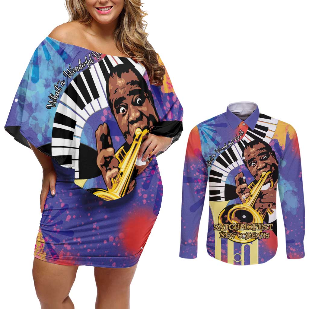 Satchmofest Couples Matching Off Shoulder Short Dress and Long Sleeve Button Shirt King Of Jazz What a Wonderful World - Wonder Print Shop