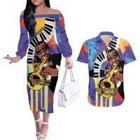 Satchmofest Couples Matching Off The Shoulder Long Sleeve Dress and Hawaiian Shirt King Of Jazz What a Wonderful World - Wonder Print Shop