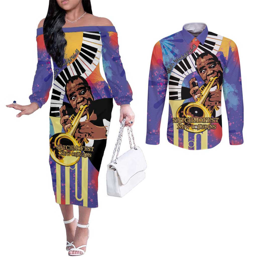 Satchmofest Couples Matching Off The Shoulder Long Sleeve Dress and Long Sleeve Button Shirt King Of Jazz What a Wonderful World - Wonder Print Shop
