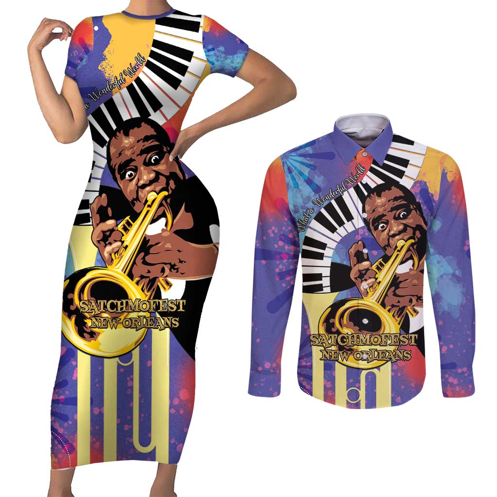 Satchmofest Couples Matching Short Sleeve Bodycon Dress and Long Sleeve Button Shirt King Of Jazz What a Wonderful World - Wonder Print Shop